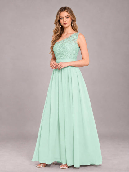 Mint Green Trendy Lace Appliques One Shoulder Chiffon Bridesmaid Dress With Pockets