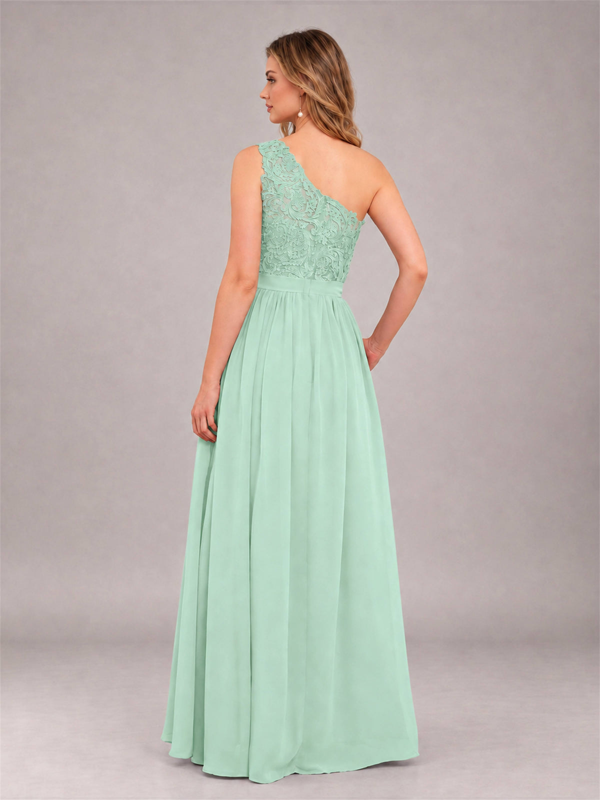 Mint Green Trendy Lace Appliques One Shoulder Chiffon Bridesmaid Dress With Pockets
