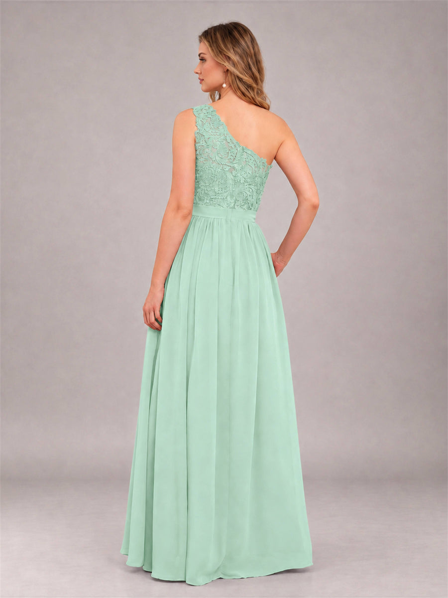 Mint Green Trendy Lace Appliques One Shoulder Chiffon Bridesmaid Dress With Pockets