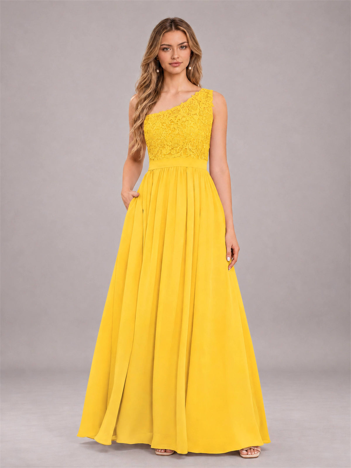 Mustard Yellow Trendy Lace Appliques One Shoulder Chiffon Bridesmaid Dress With Pockets