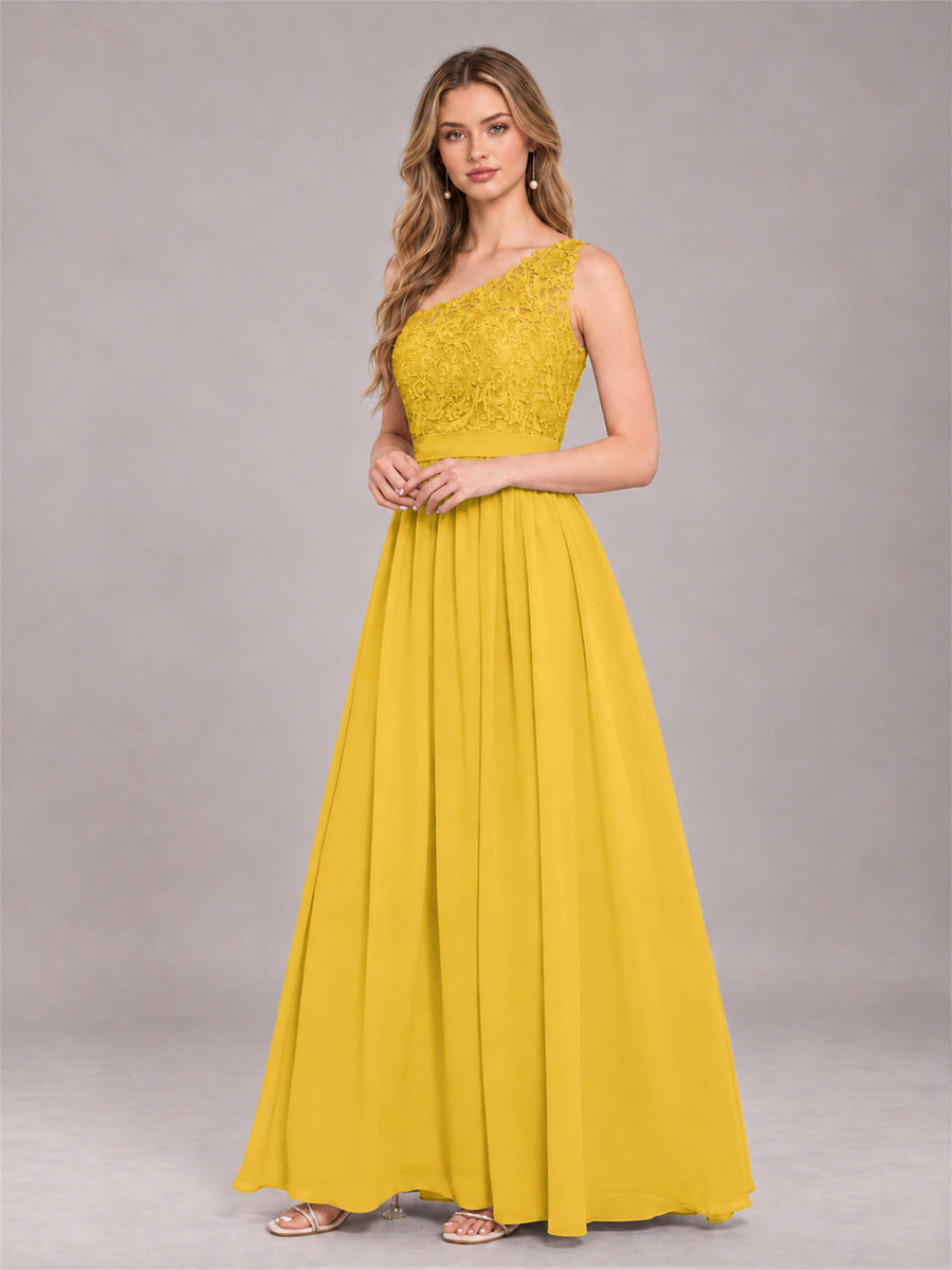 Mustard Yellow Trendy Lace Appliques One Shoulder Chiffon Bridesmaid Dress With Pockets