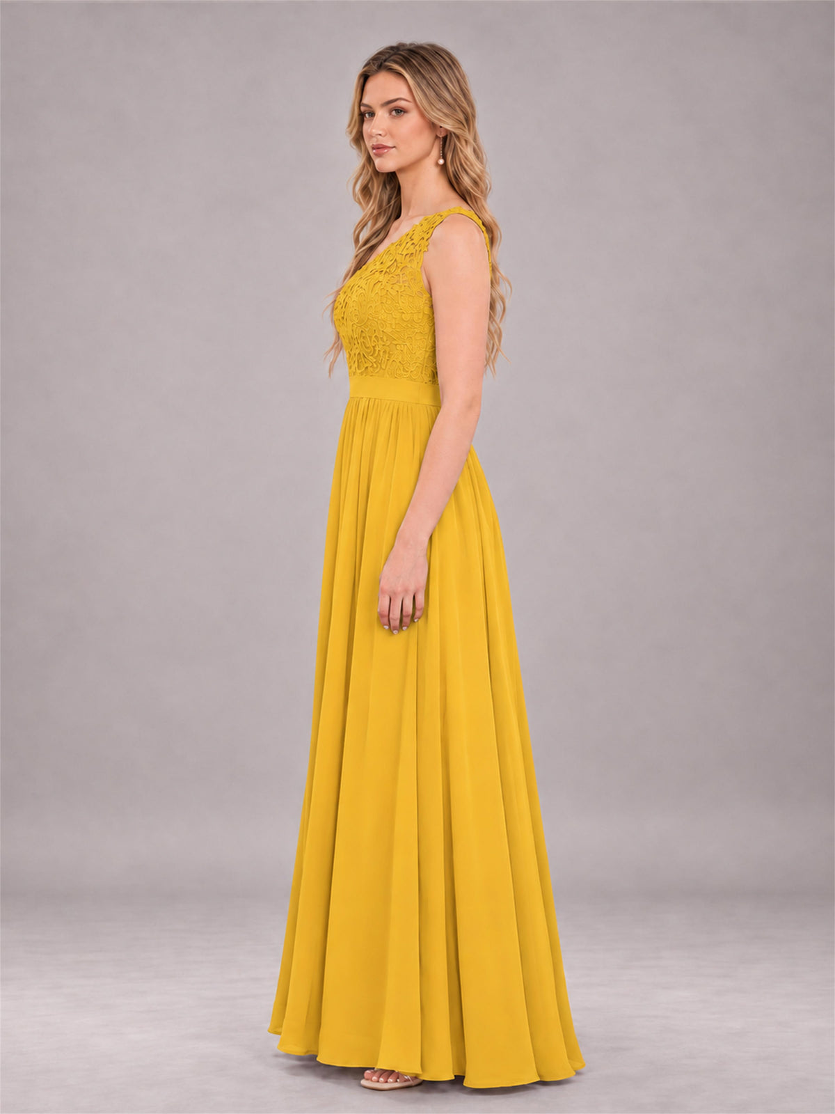 Mustard Yellow Trendy Lace Appliques One Shoulder Chiffon Bridesmaid Dress With Pockets