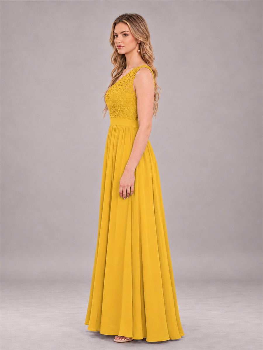 Mustard Yellow Trendy Lace Appliques One Shoulder Chiffon Bridesmaid Dress With Pockets