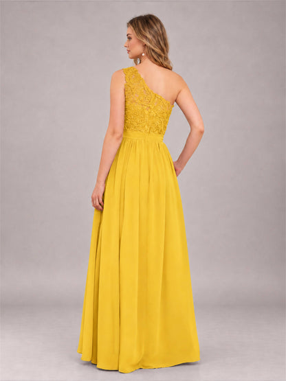 Mustard Yellow Trendy Lace Appliques One Shoulder Chiffon Bridesmaid Dress With Pockets