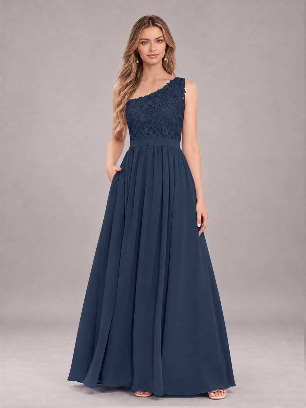 Navy Blue Trendy Lace Appliques One Shoulder Chiffon Bridesmaid Dress With Pockets
