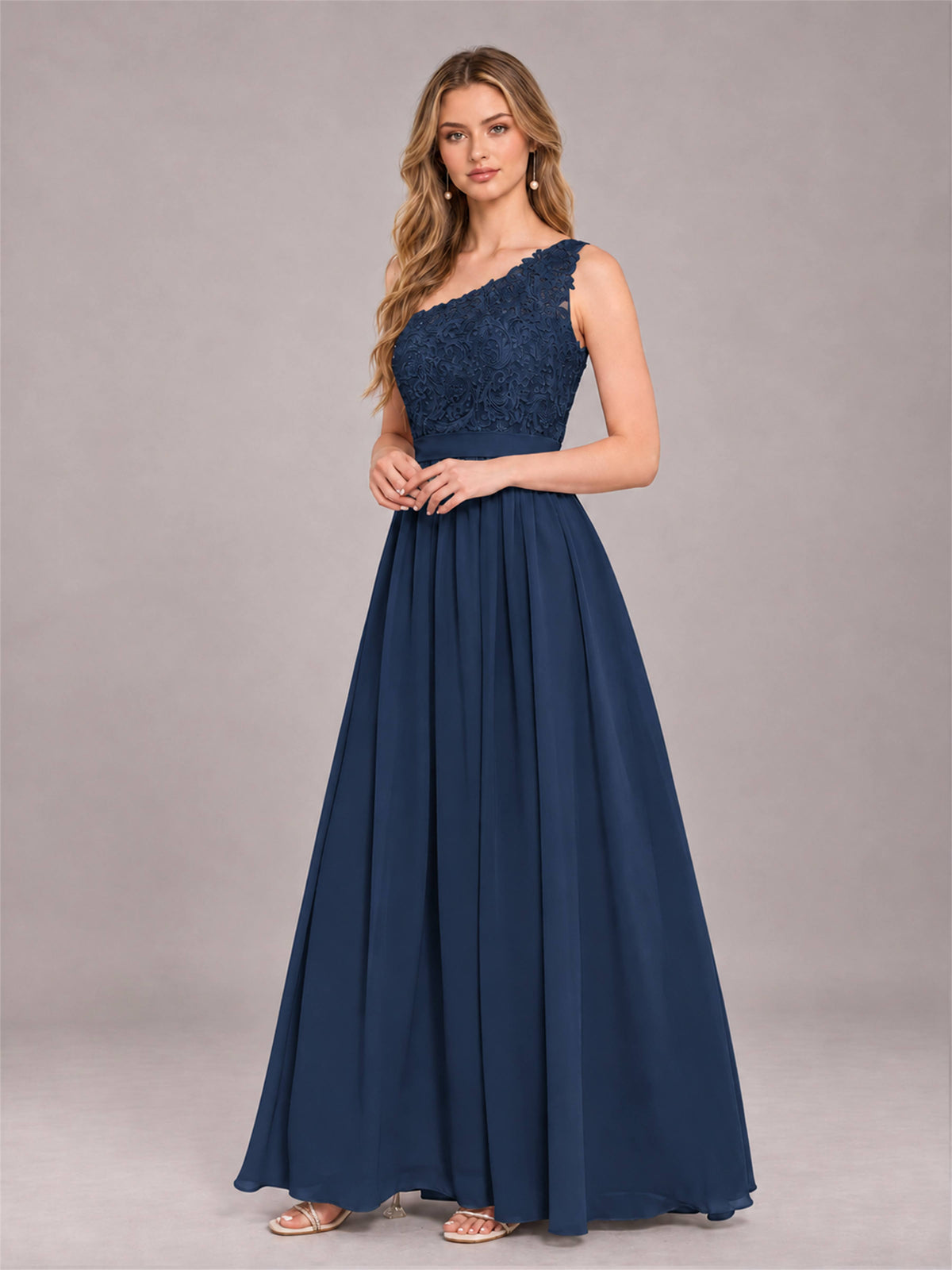 Navy Blue Trendy Lace Appliques One Shoulder Chiffon Bridesmaid Dress With Pockets