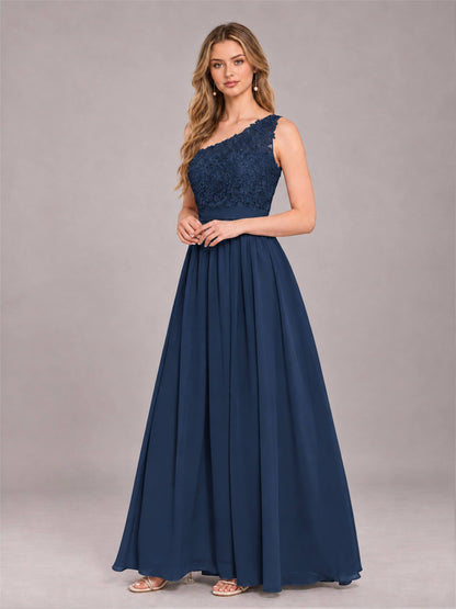Navy Blue Trendy Lace Appliques One Shoulder Chiffon Bridesmaid Dress With Pockets