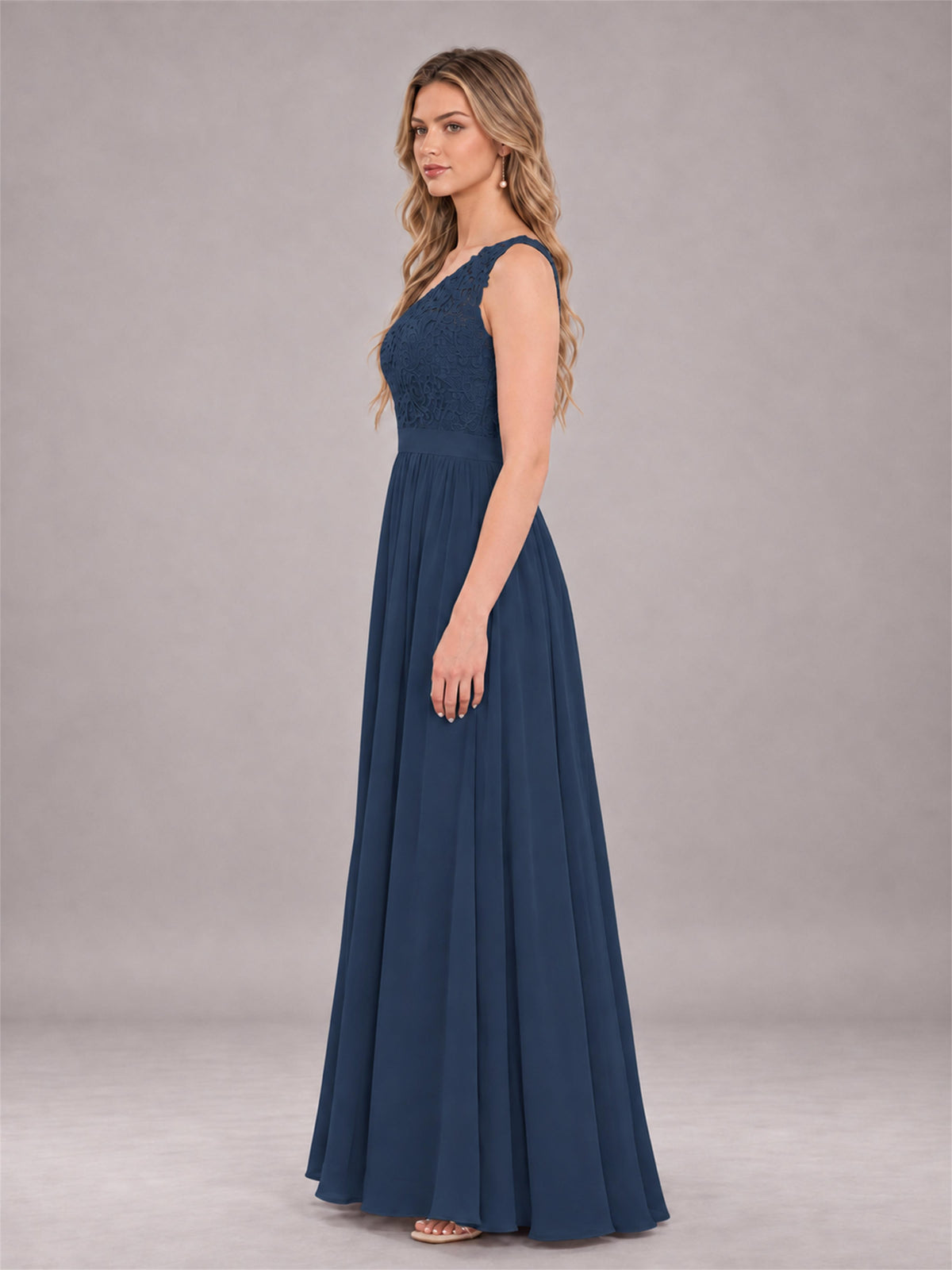 Navy Blue Trendy Lace Appliques One Shoulder Chiffon Bridesmaid Dress With Pockets