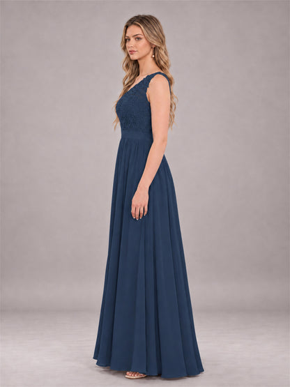 Navy Blue Trendy Lace Appliques One Shoulder Chiffon Bridesmaid Dress With Pockets