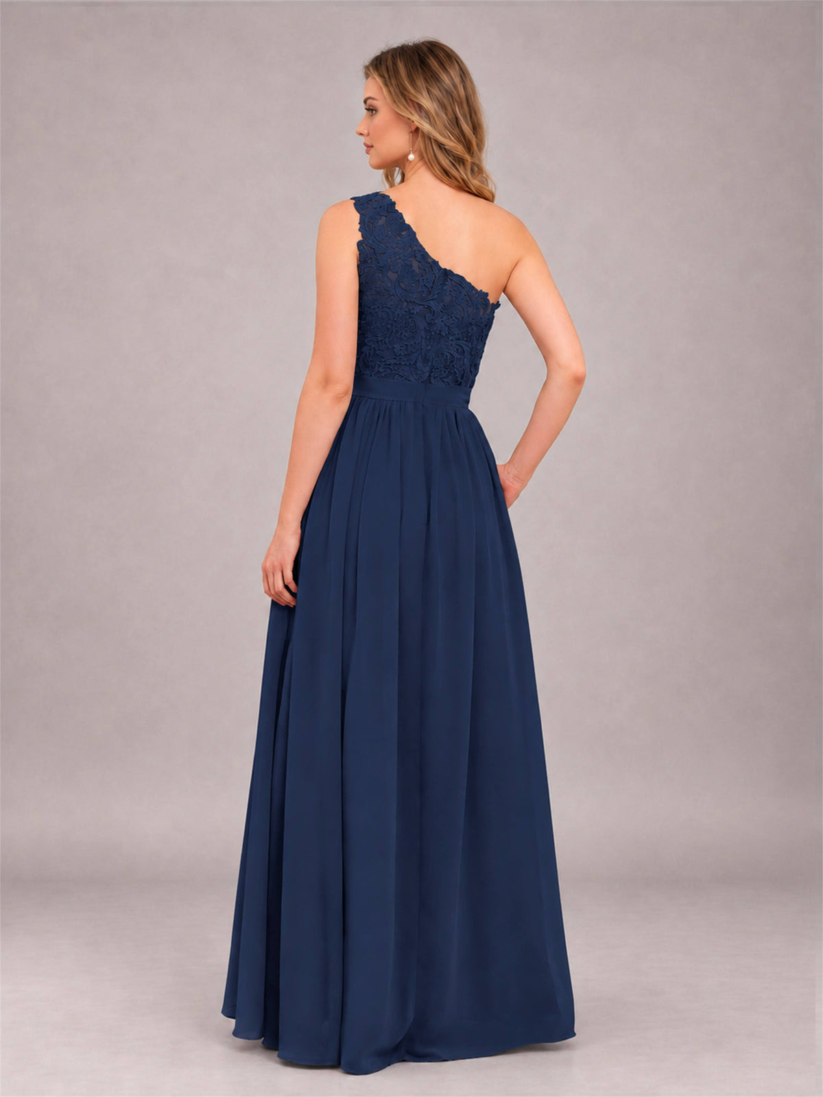 Navy Blue Trendy Lace Appliques One Shoulder Chiffon Bridesmaid Dress With Pockets