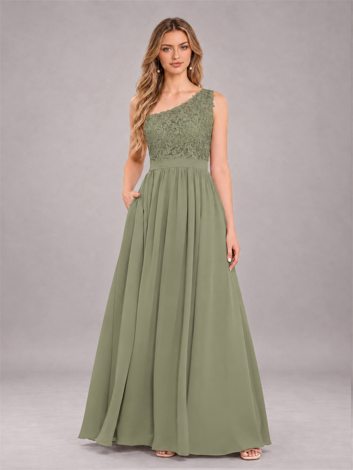 Olive Green Trendy Lace Appliques One Shoulder Chiffon Bridesmaid Dress With Pockets