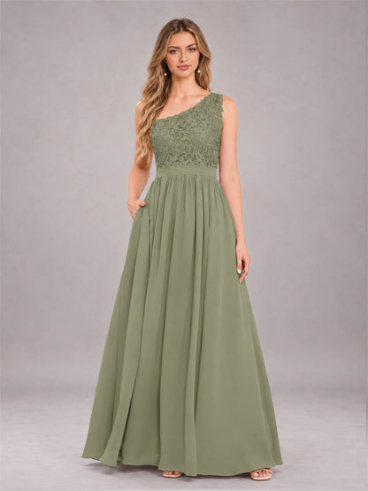 Olive Green Trendy Lace Appliques One Shoulder Chiffon Bridesmaid Dress With Pockets