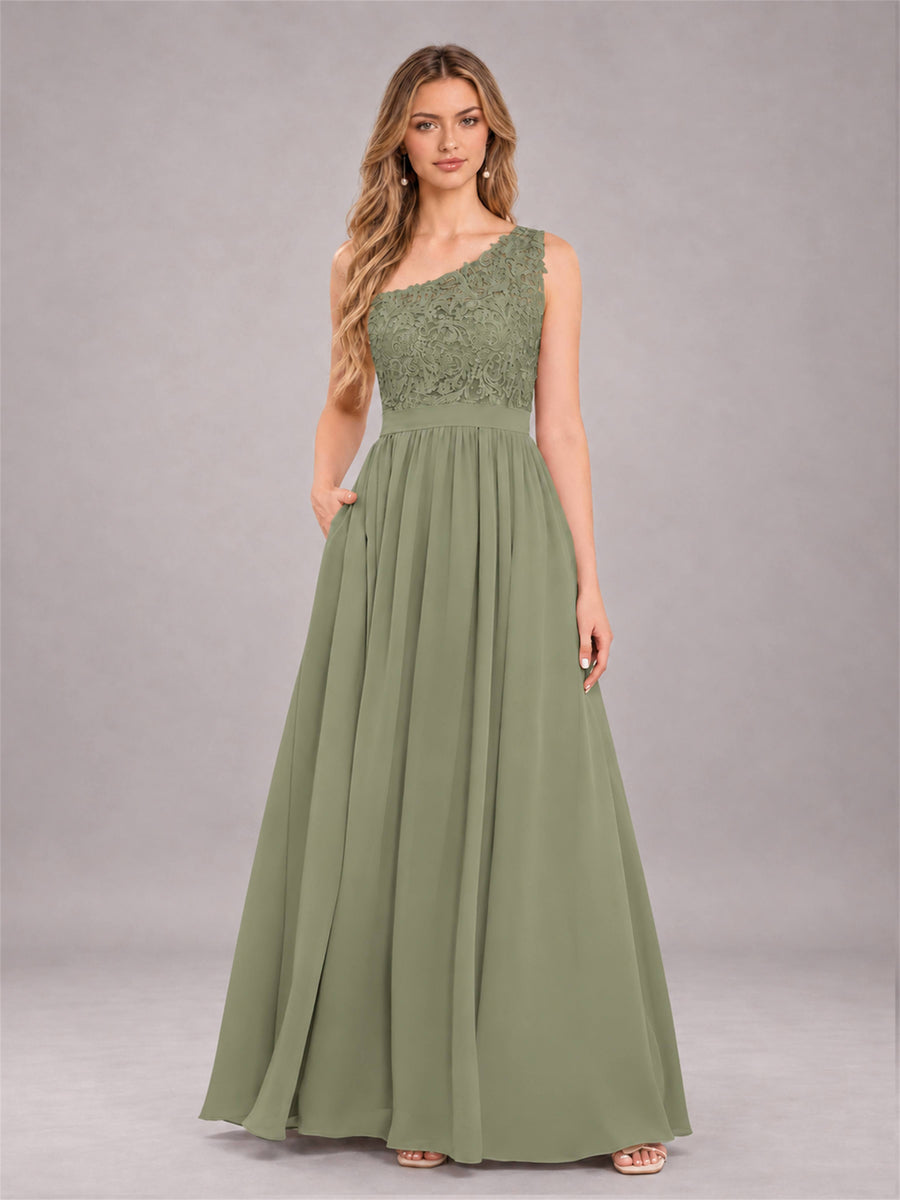 Olive Green Trendy Lace Appliques One Shoulder Chiffon Bridesmaid Dress With Pockets