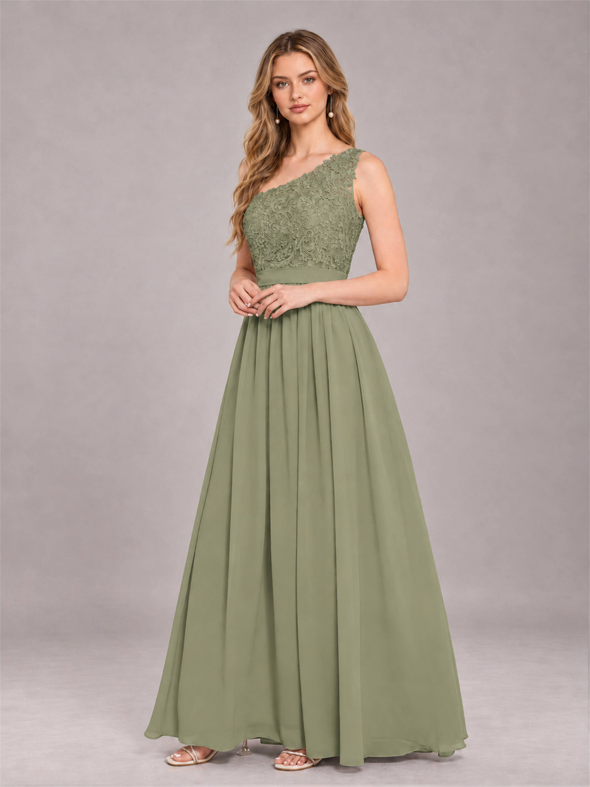 Olive Green Trendy Lace Appliques One Shoulder Chiffon Bridesmaid Dress With Pockets