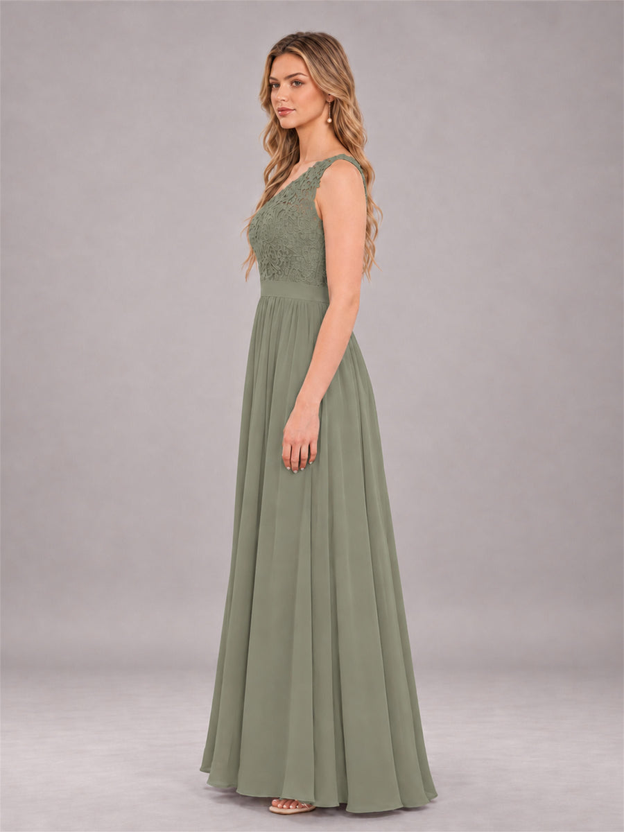 Olive Green Trendy Lace Appliques One Shoulder Chiffon Bridesmaid Dress With Pockets