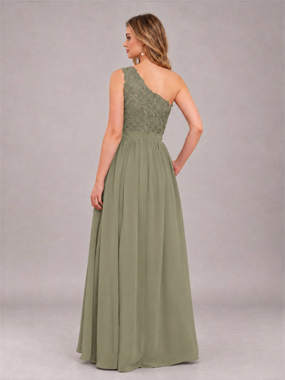 Olive Green Trendy Lace Appliques One Shoulder Chiffon Bridesmaid Dress With Pockets