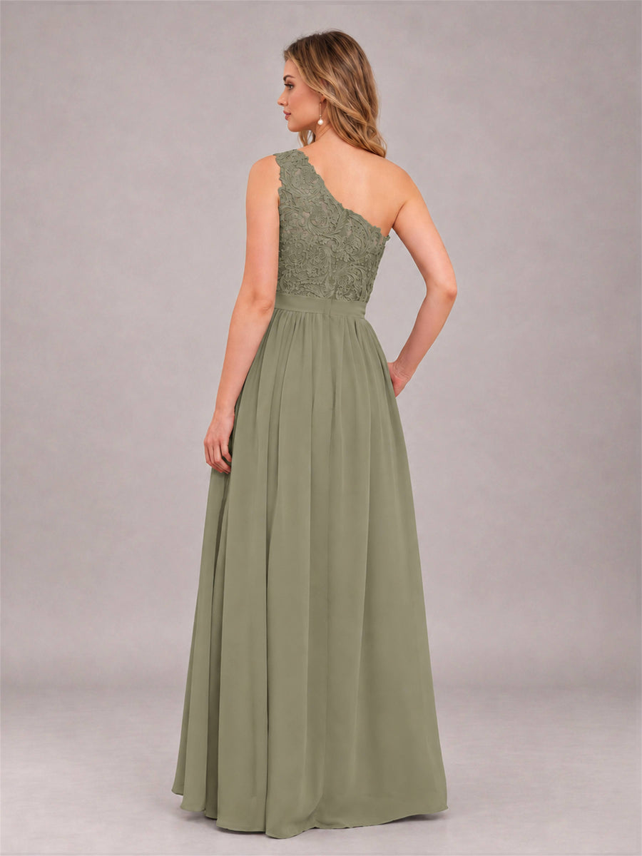 Olive Green Trendy Lace Appliques One Shoulder Chiffon Bridesmaid Dress With Pockets