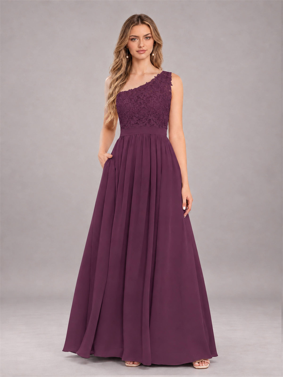 Plum Trendy Lace Appliques One Shoulder Chiffon Bridesmaid Dress With Pockets
