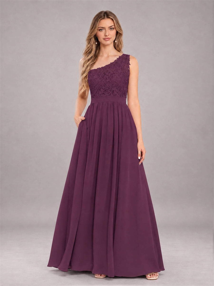 Plum Trendy Lace Appliques One Shoulder Chiffon Bridesmaid Dress With Pockets