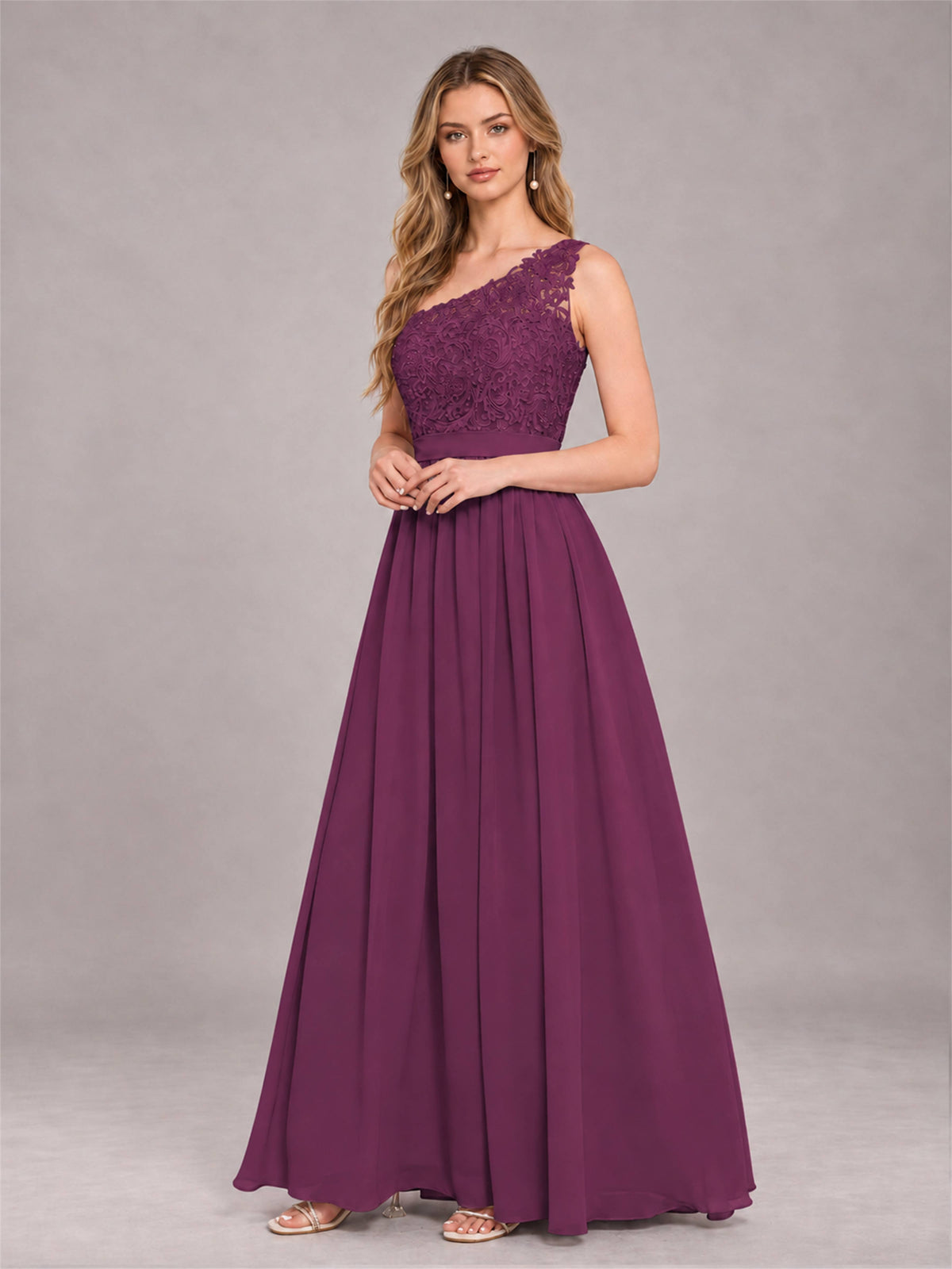 Plum Trendy Lace Appliques One Shoulder Chiffon Bridesmaid Dress With Pockets