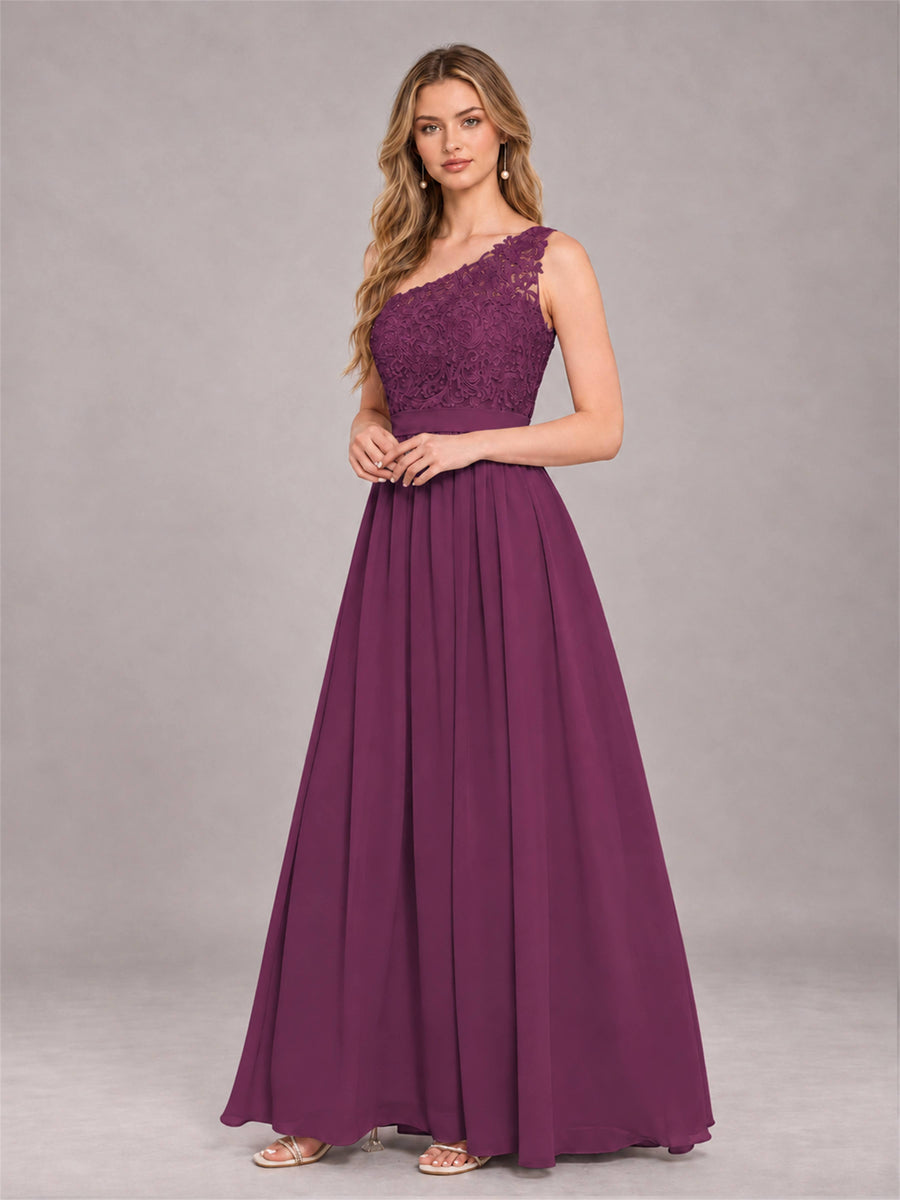 Plum Trendy Lace Appliques One Shoulder Chiffon Bridesmaid Dress With Pockets