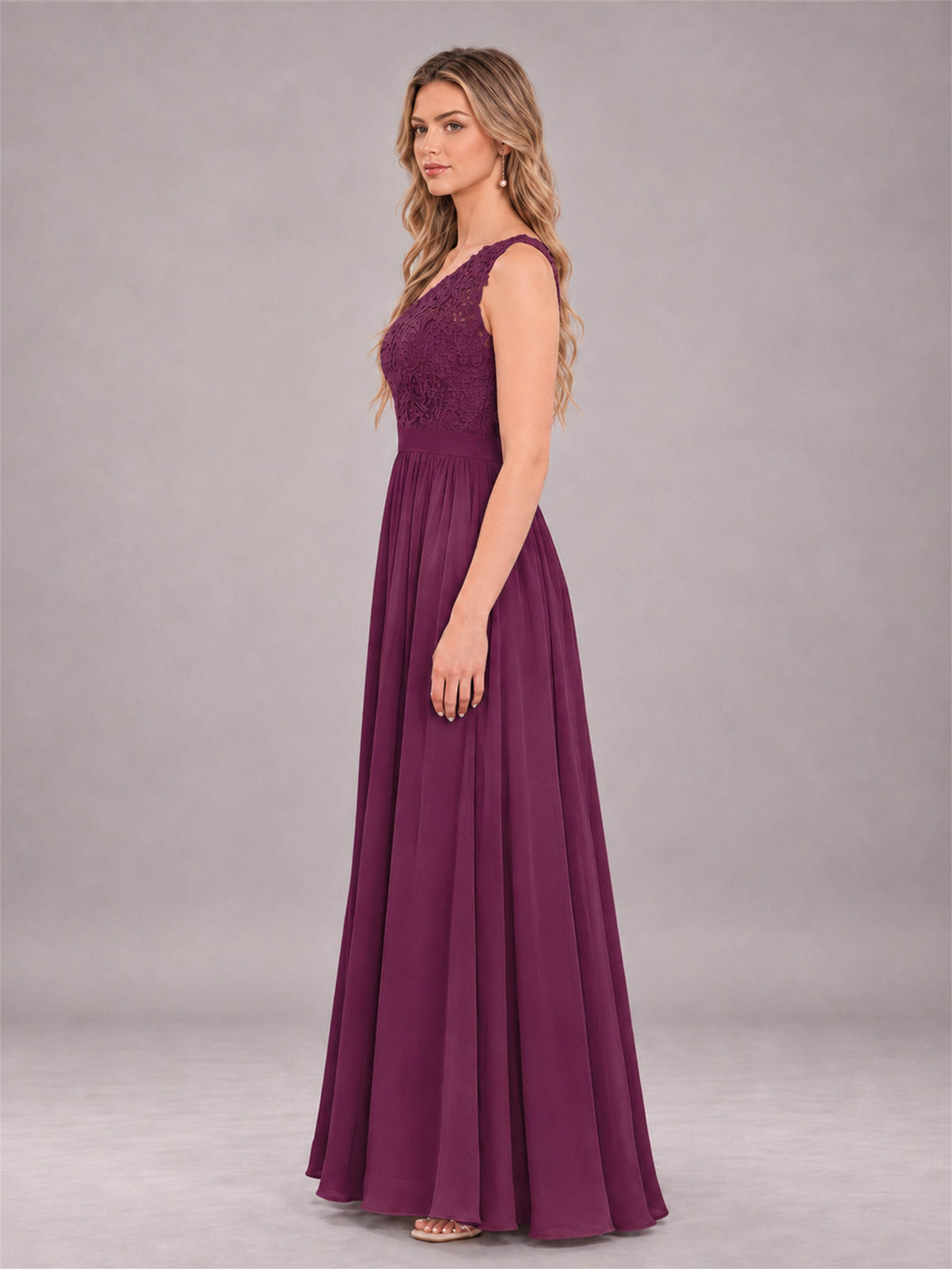 Plum Trendy Lace Appliques One Shoulder Chiffon Bridesmaid Dress With Pockets