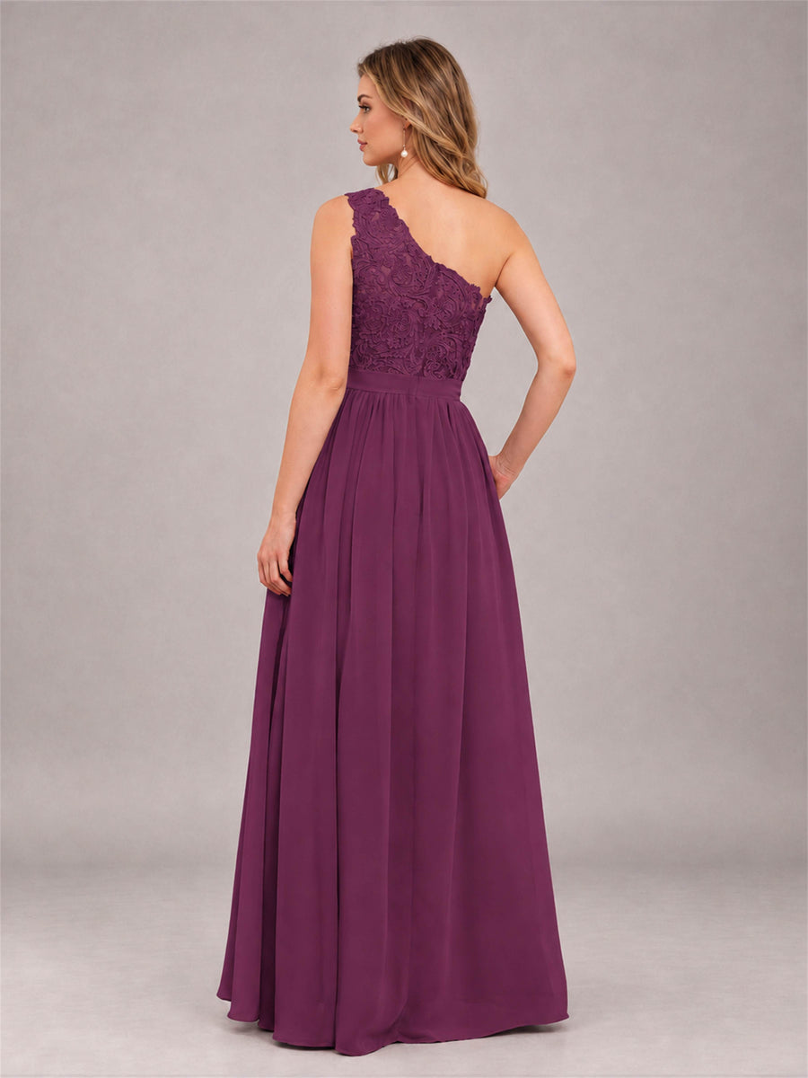 Plum Trendy Lace Appliques One Shoulder Chiffon Bridesmaid Dress With Pockets