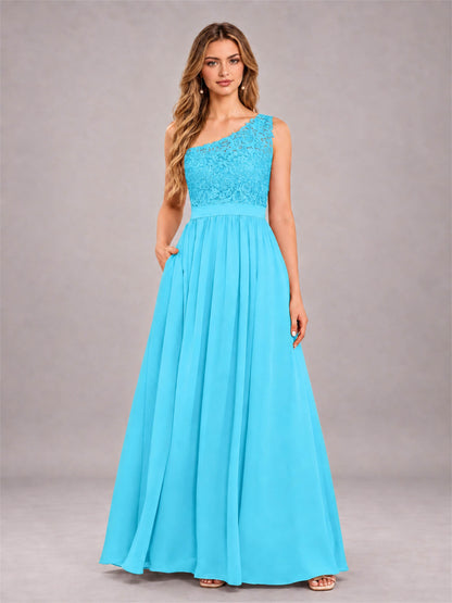 Pool Trendy Lace Appliques One Shoulder Chiffon Bridesmaid Dress With Pockets