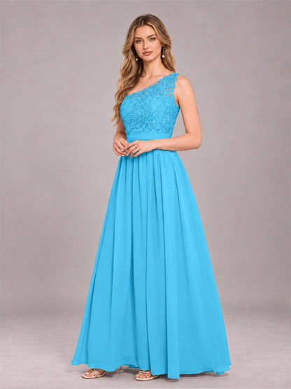 Pool Trendy Lace Appliques One Shoulder Chiffon Bridesmaid Dress With Pockets