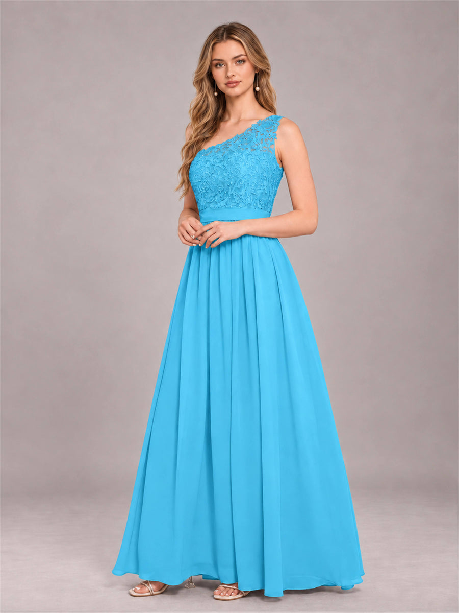 Pool Trendy Lace Appliques One Shoulder Chiffon Bridesmaid Dress With Pockets