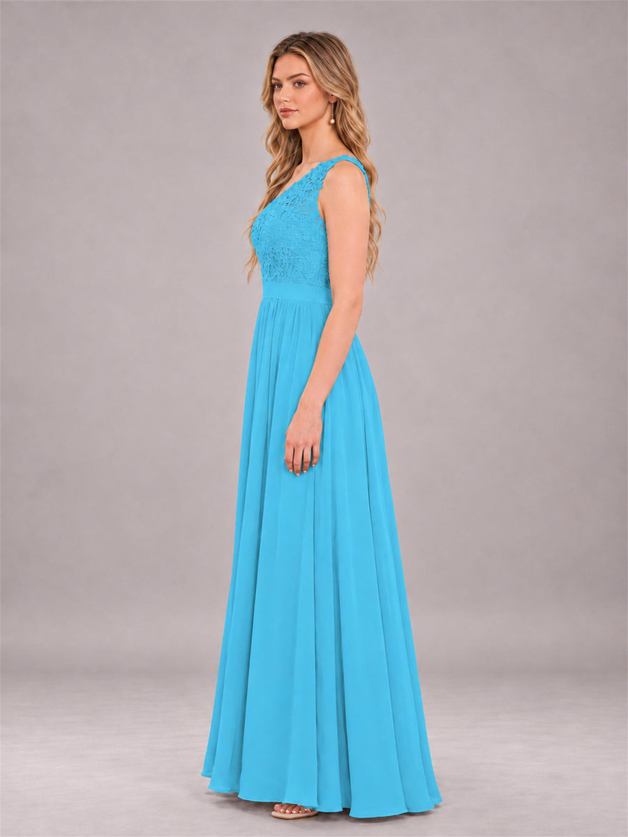 Pool Trendy Lace Appliques One Shoulder Chiffon Bridesmaid Dress With Pockets
