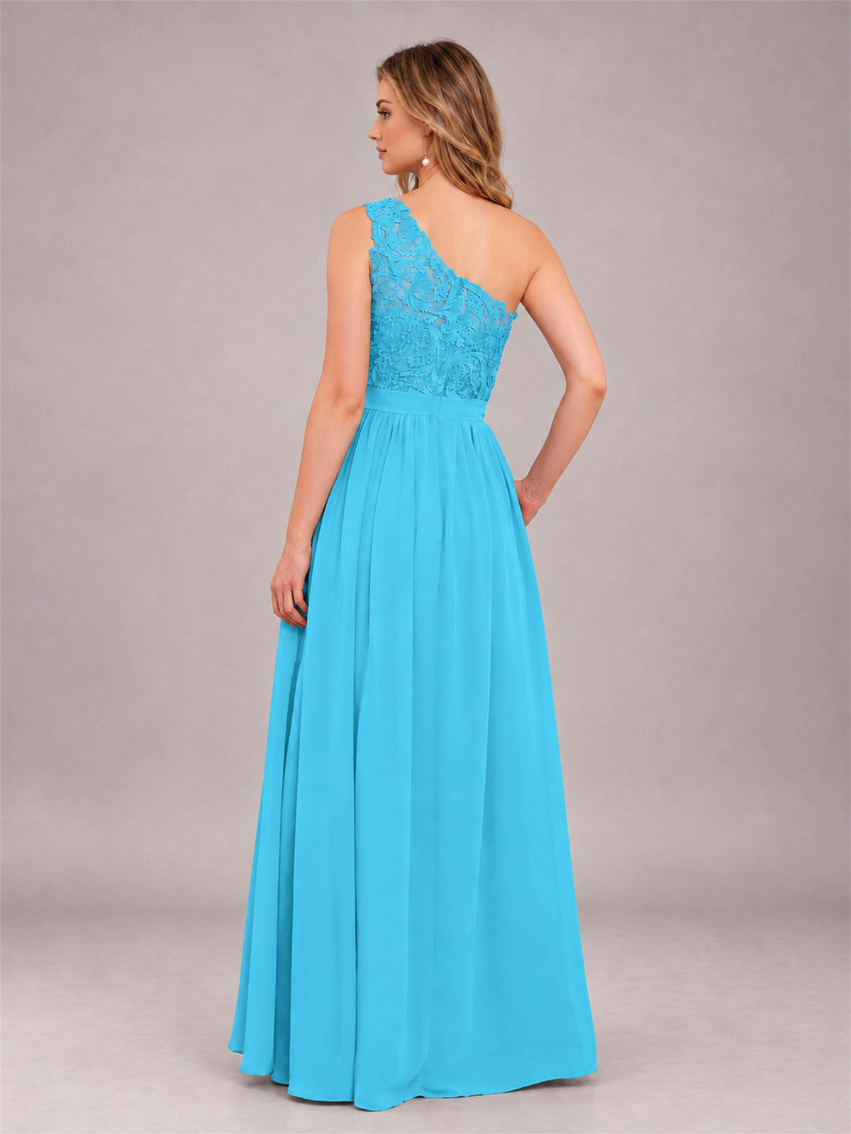 Pool Trendy Lace Appliques One Shoulder Chiffon Bridesmaid Dress With Pockets