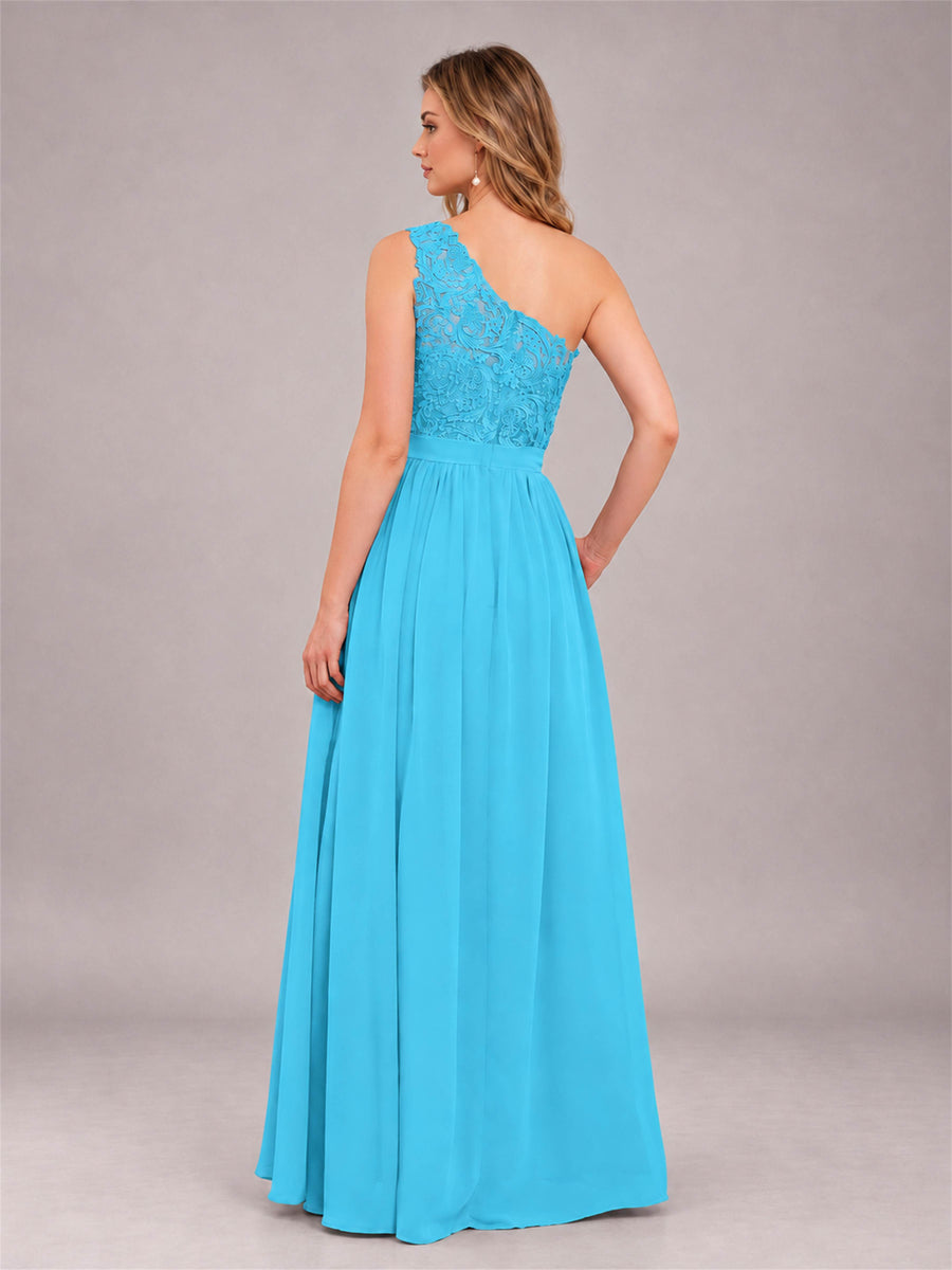Pool Trendy Lace Appliques One Shoulder Chiffon Bridesmaid Dress With Pockets