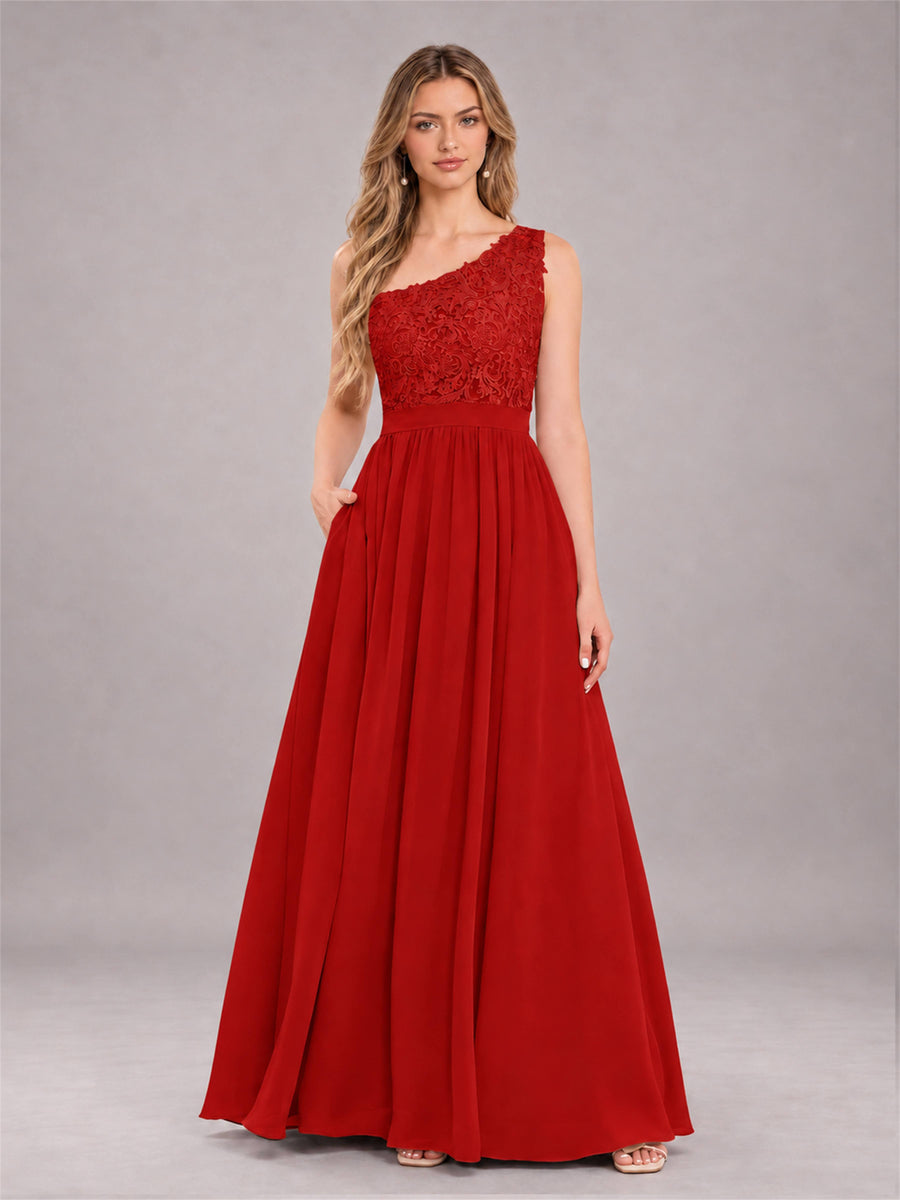 Red Trendy Lace Appliques One Shoulder Chiffon Bridesmaid Dress With Pockets