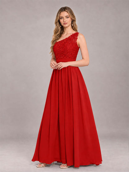 Red Trendy Lace Appliques One Shoulder Chiffon Bridesmaid Dress With Pockets