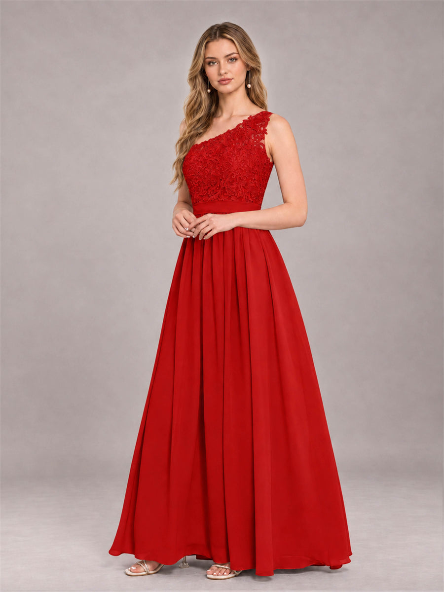 Red Trendy Lace Appliques One Shoulder Chiffon Bridesmaid Dress With Pockets
