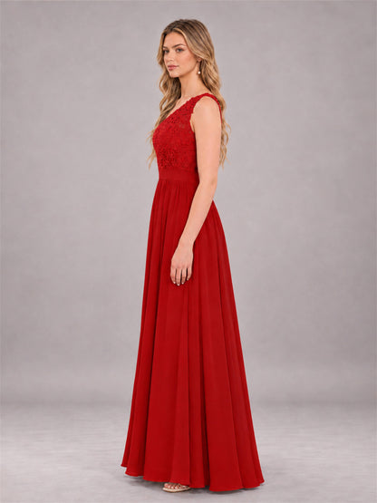 Red Trendy Lace Appliques One Shoulder Chiffon Bridesmaid Dress With Pockets