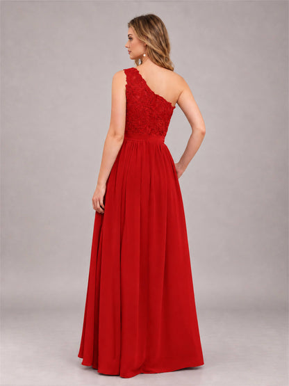 Red Trendy Lace Appliques One Shoulder Chiffon Bridesmaid Dress With Pockets