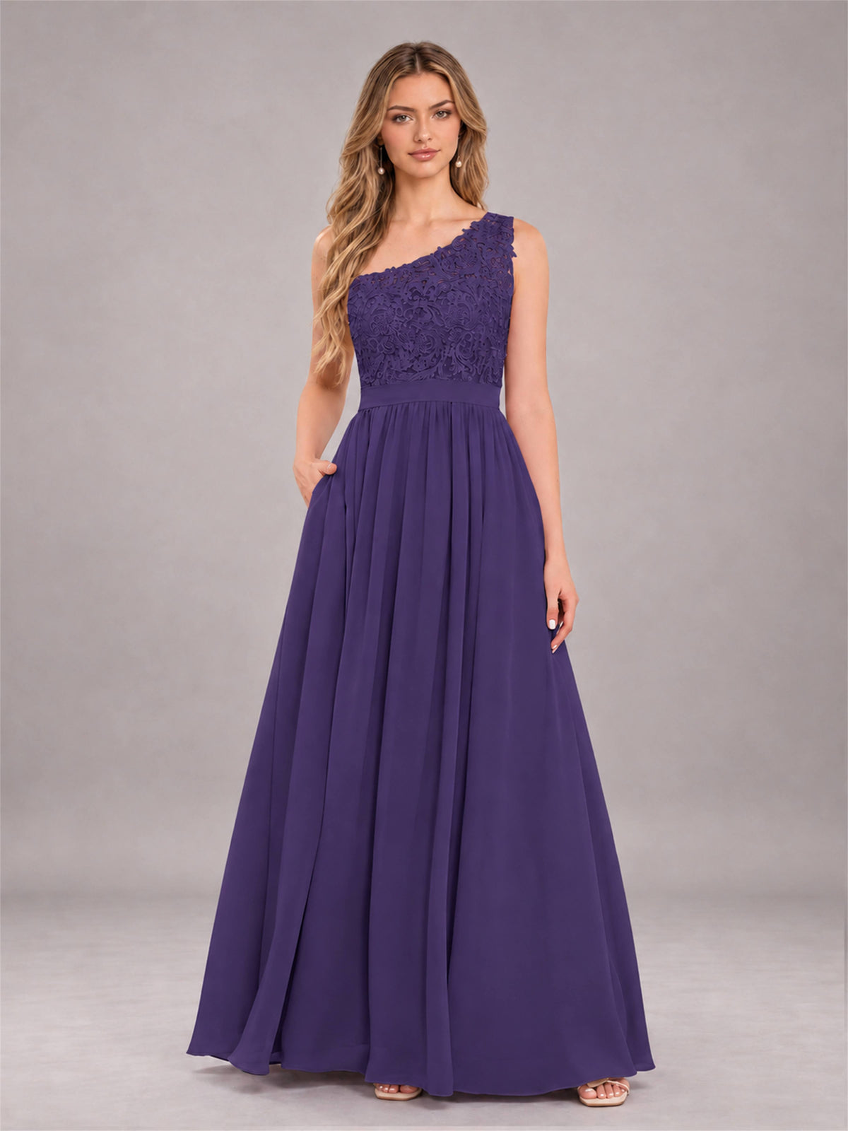 Regency Trendy Lace Appliques One Shoulder Chiffon Bridesmaid Dress With Pockets