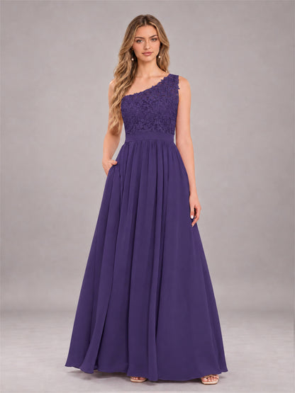 Regency Trendy Lace Appliques One Shoulder Chiffon Bridesmaid Dress With Pockets