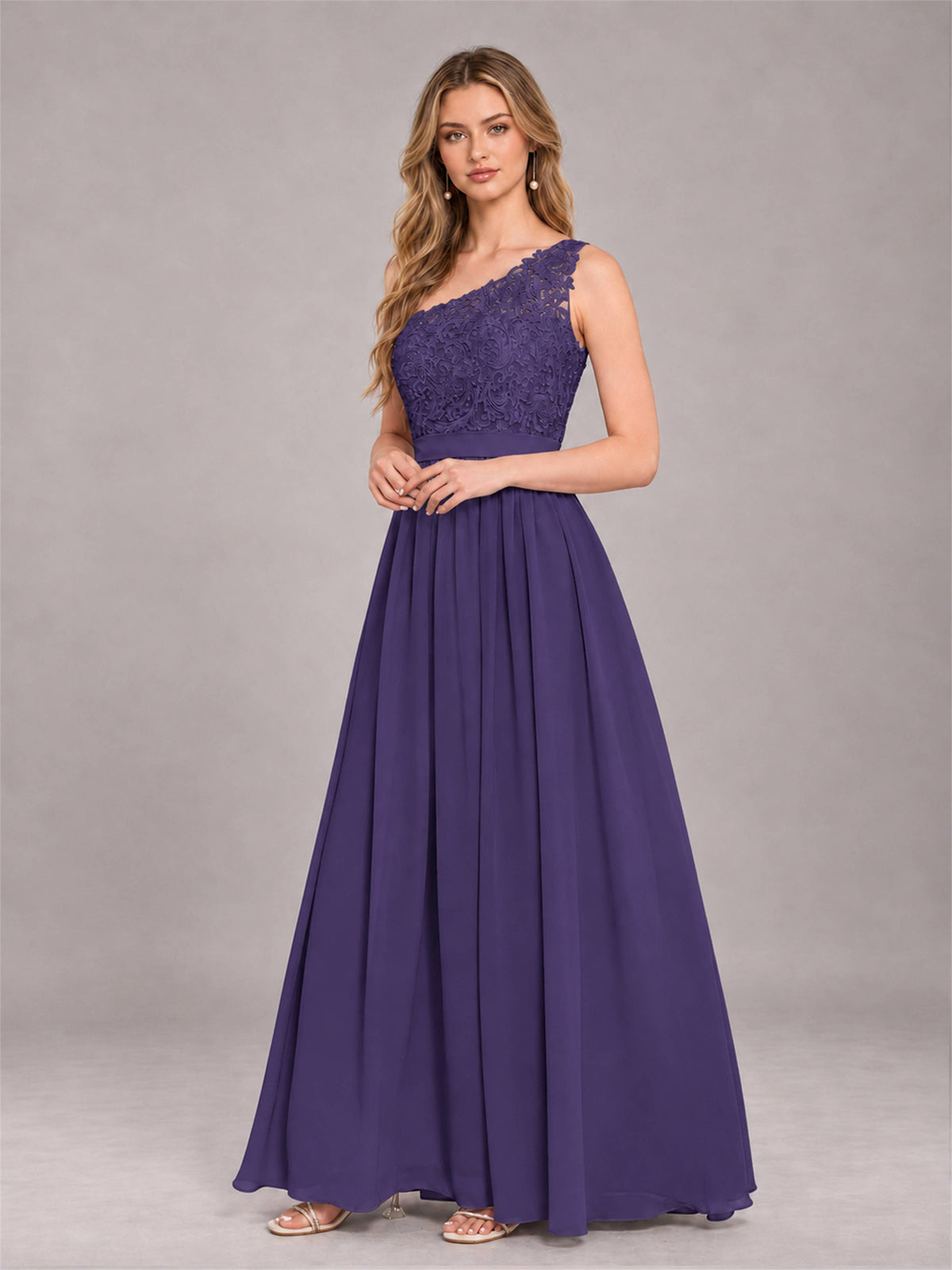 Regency Trendy Lace Appliques One Shoulder Chiffon Bridesmaid Dress With Pockets