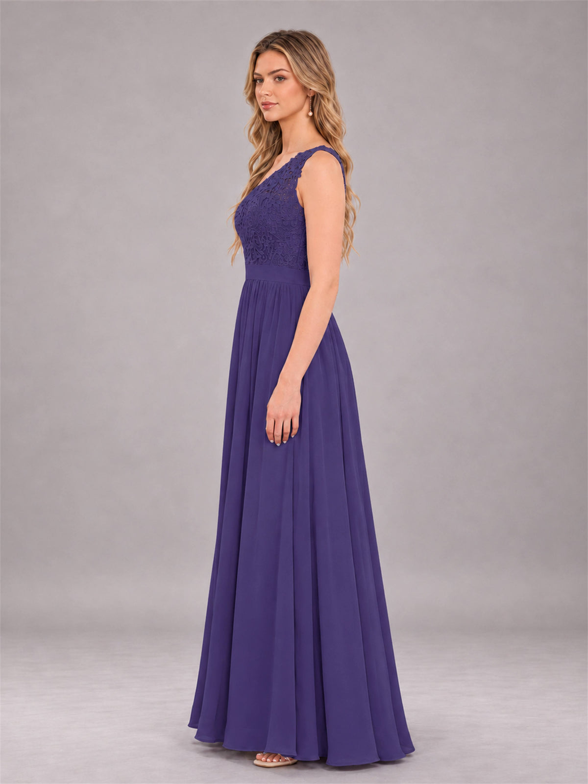 Regency Trendy Lace Appliques One Shoulder Chiffon Bridesmaid Dress With Pockets