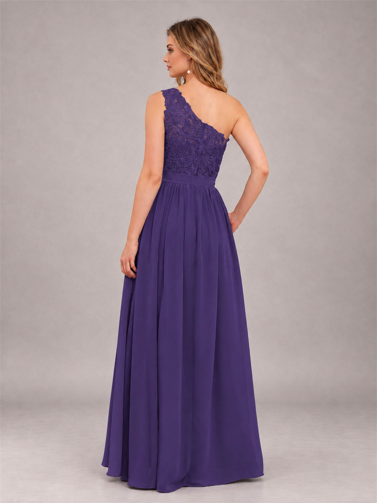 Regency Trendy Lace Appliques One Shoulder Chiffon Bridesmaid Dress With Pockets