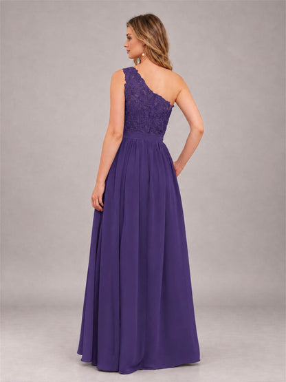 Regency Trendy Lace Appliques One Shoulder Chiffon Bridesmaid Dress With Pockets