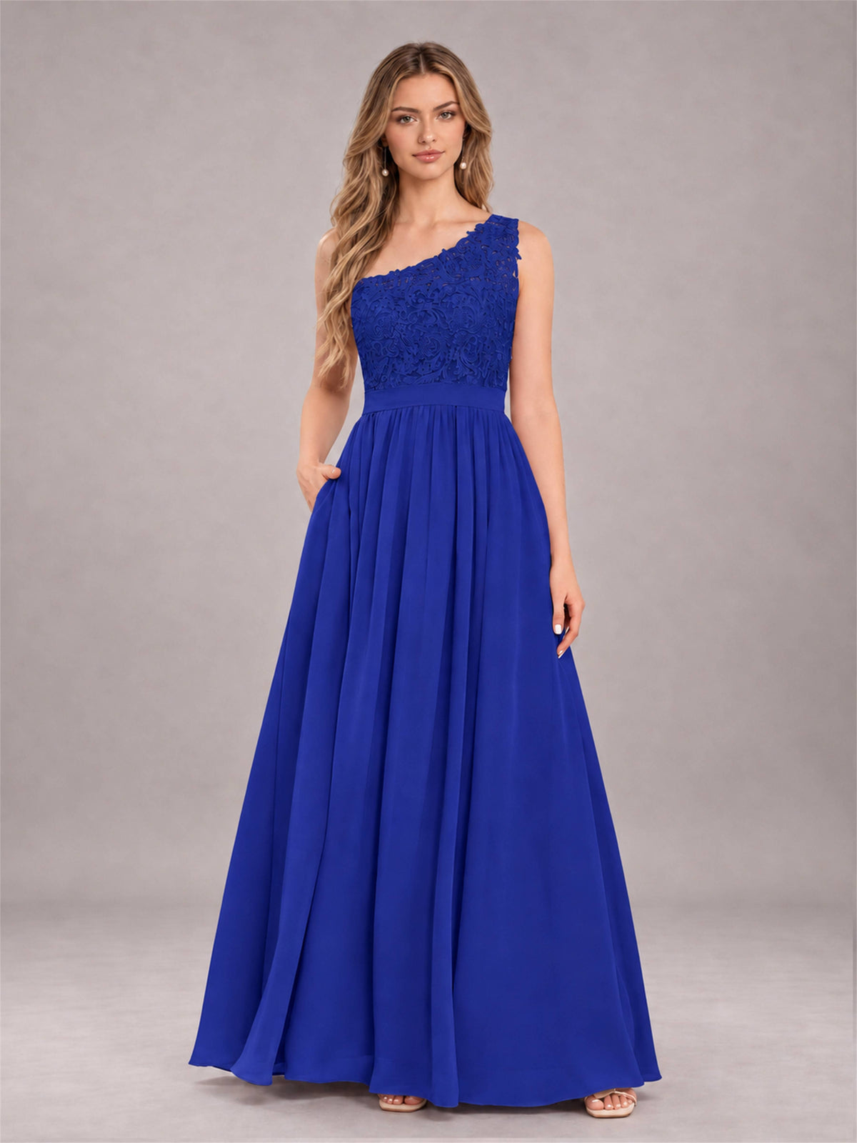 Royal Blue Trendy Lace Appliques One Shoulder Chiffon Bridesmaid Dress With Pockets