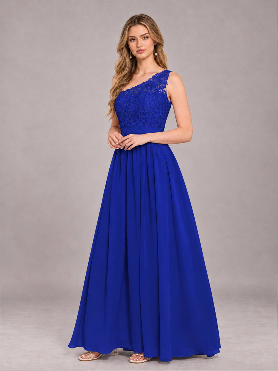 Royal Blue Trendy Lace Appliques One Shoulder Chiffon Bridesmaid Dress With Pockets
