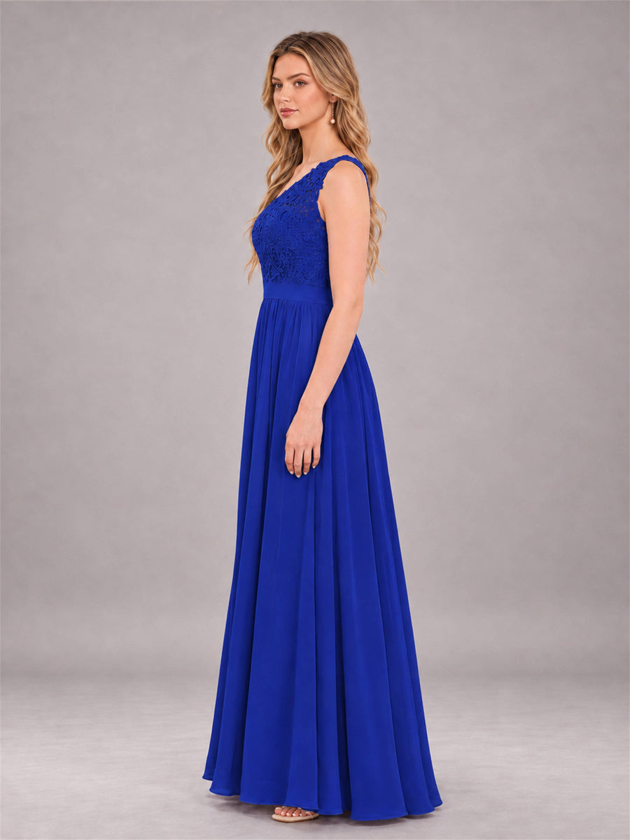 Royal Blue Trendy Lace Appliques One Shoulder Chiffon Bridesmaid Dress With Pockets