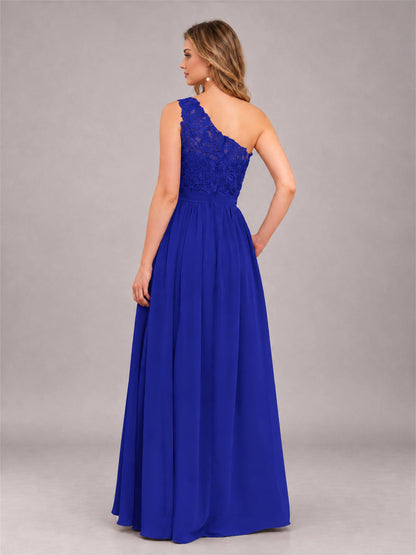 Royal Blue Trendy Lace Appliques One Shoulder Chiffon Bridesmaid Dress With Pockets