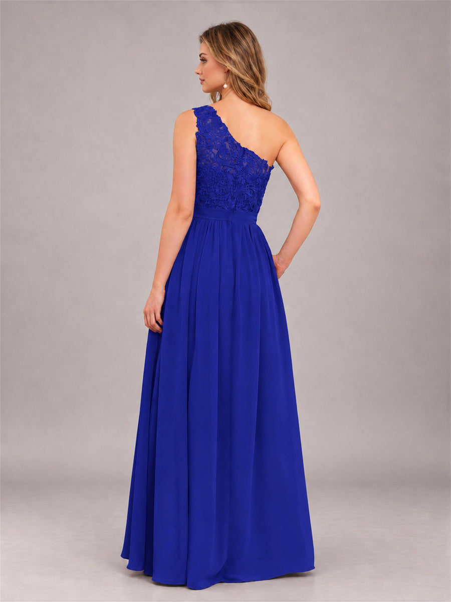 Royal Blue Trendy Lace Appliques One Shoulder Chiffon Bridesmaid Dress With Pockets