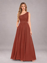 Trendy Lace Appliques One Shoulder Chiffon Bridesmaid Dress With Pockets